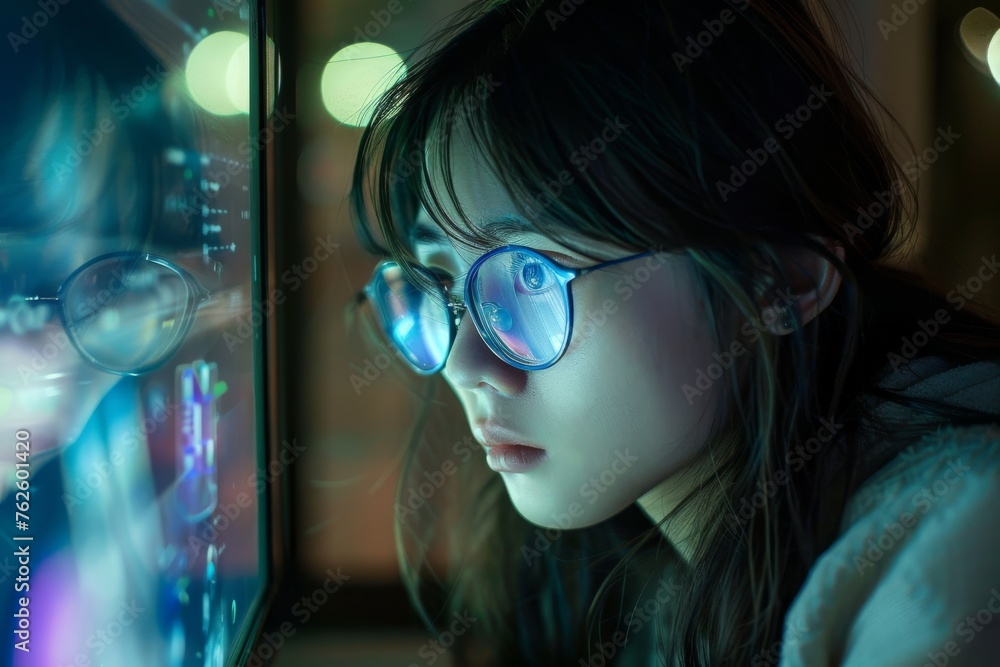 girl with glasses looks at the monitor screen