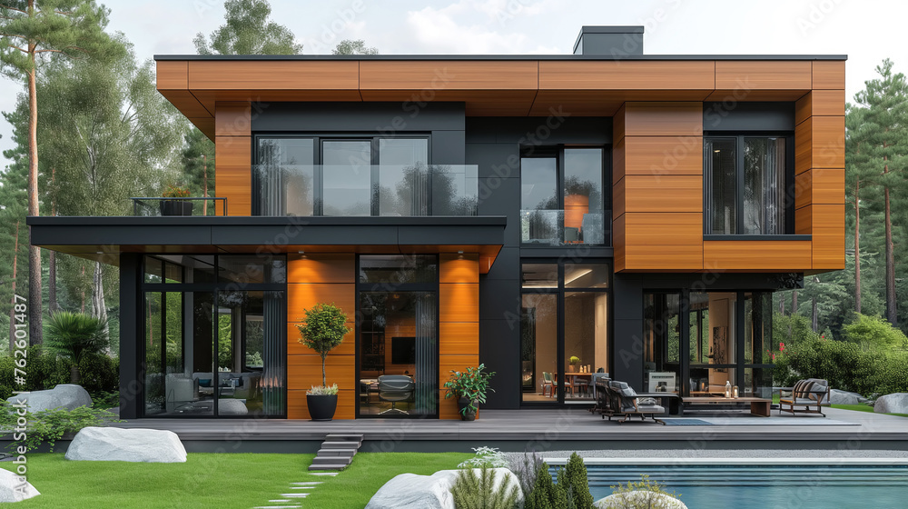 Architecture of modern house with elegant wood accents and large glass windows in natural landscape Architecture of modern house with elegant wood accents and large glass windows in natural landscape