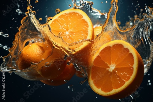 Whole splashed oranges cinematic. Fresh ripe citrus vitamin fruit. Generate ai