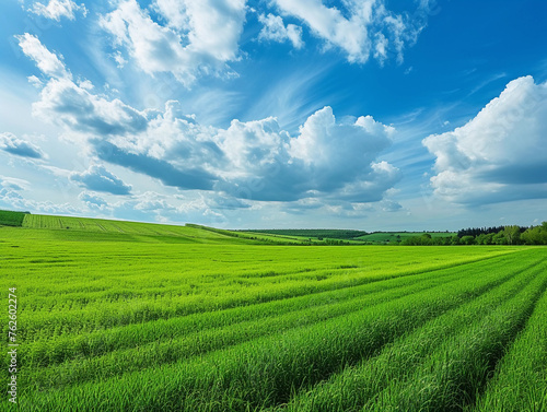 Lush Green Wheat Field and Cloudy Sky
