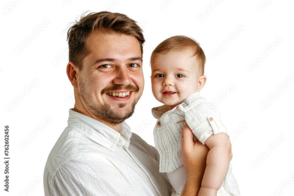 Portrait of Father holding baby with his arms isolated on transparent png background, Dad and baby moment, cute and adorable little infant.
