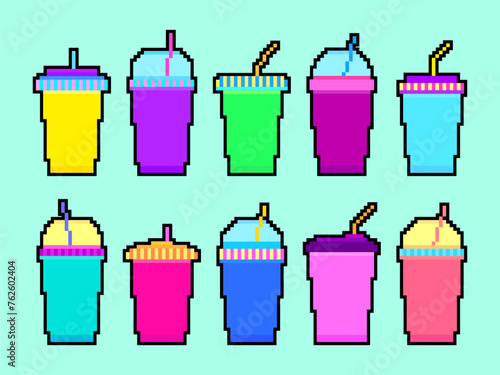 Plastic and paper cups in pixel art style. Pixel icons of paper glasses with carbonated soft drinks. 8-bit smoothie glass with straw in retro video game style. Vector illustration