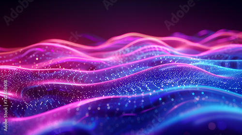 Vibrant neon waves pulsating to the rhythm, evoking the energy of live music ,Abstract shiny wave background in purple, pink and blue lights. Digital luxury sparkling wave particles, background stream photo