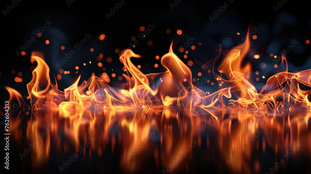 The fiery dance is perfectly reflected on a shiny surface below, mirroring the energetic display above - obrazy, fototapety, plakaty 