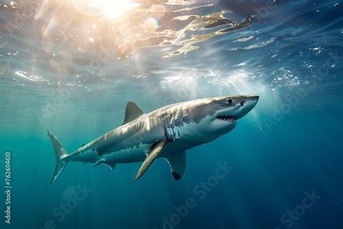 huge shark swims underwater photography