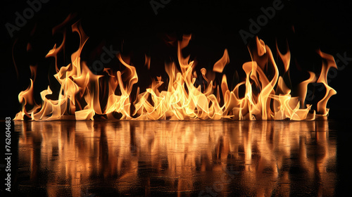 Intense Flames Dancing on a Reflective Surface in Low Light Conditions