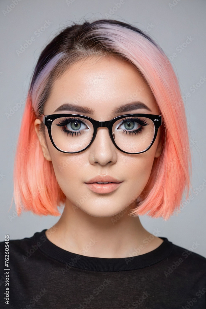 Young Attractive Woman with Short Pink Hair Wearing Black Glasses