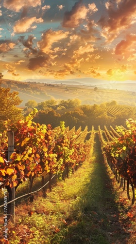 A vineyard illuminated by the warm glow of the setting sun, with sunlight filtering through dramatic clouds in the sky.