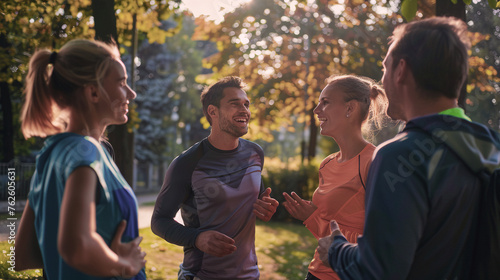 Grupo de cuatro personas fitness al aire libre en el parque practicando ejercicio como estilo de vida.