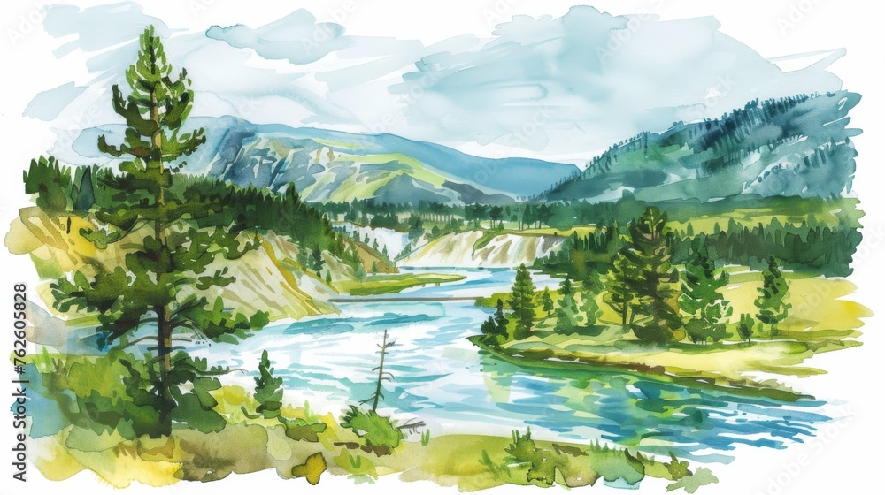 A painting depicting a river winding its way through towering mountains, surrounded by lush greenery and rocky cliffs. The scene captures the essence of a flowing river amidst a majestic mountainous b A painting depicting a river winding its way through towering mountains, surrounded by lush greenery and rocky cliffs. The scene captures the essence of a flowing river amidst a majestic mountainous b