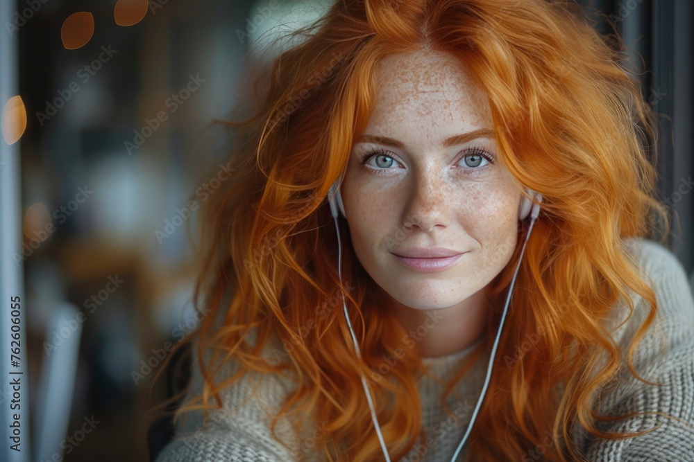 happy red-haired woman wearing headphones. authenticity and uniqueness concept. hobby , relax, love herself style. happy red-haired woman wearing headphones. authenticity and uniqueness concept. hobby , relax, love herself style.