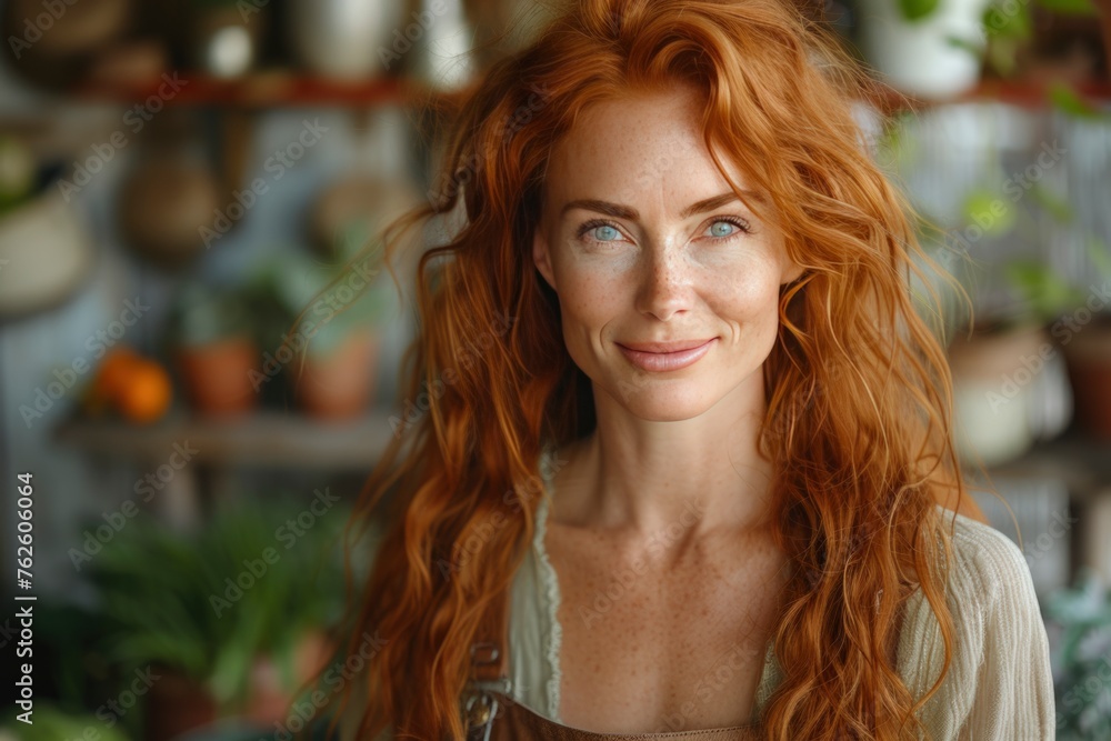Fototapeta premium Portrait of red hair woman with plant. authenticity and uniqueness concept. gardening , seasonal, hobby style.