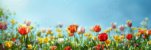 flowers in the garden, with blue sky, copy space (1)