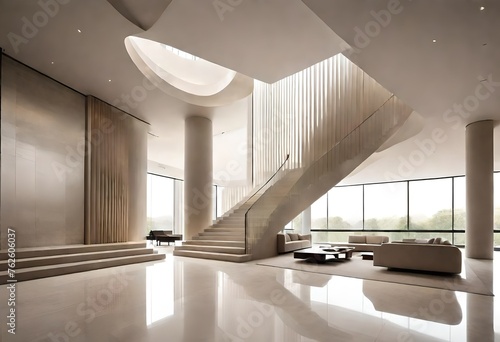A minimalist house lobby design featuring clean lines and neutral tones, with a grand staircase leading to the upper floors.