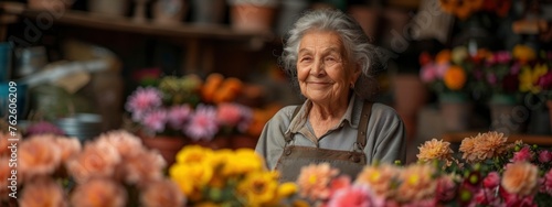 older woman sell flowers in her shop. small businesses concept. heading back to work, reentering the workforce, financial stability style.