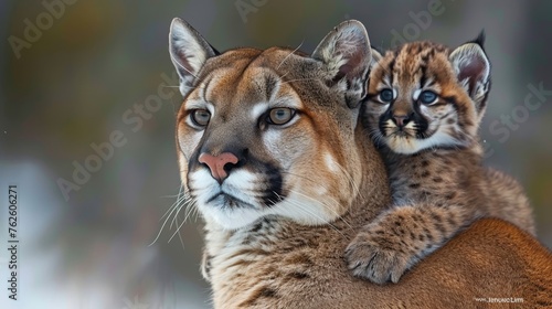 Male cougar and cub portrait with empty text space, object on right side for balanced composition