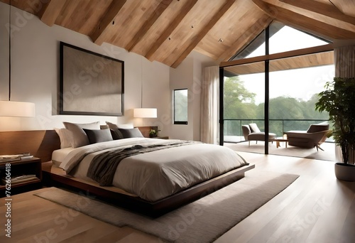 A sleek and modern bed design set against a backdrop of floor-to-ceiling windows, allowing natural light to flood the space.  © COLLECTION OF AI