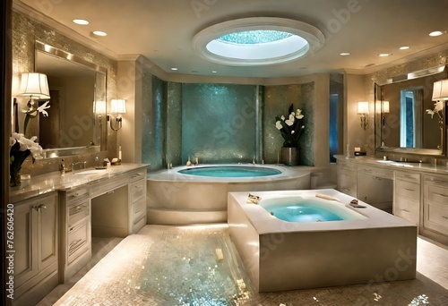 A glamorous bathroom retreat designed for indulgence, boasting a sunken Jacuzzi tub surrounded by shimmering mosaic tiles and cascading water features. 