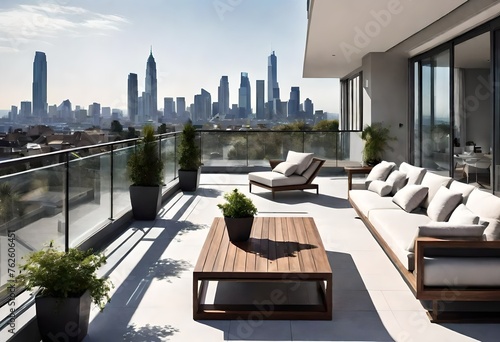 A modern house balcony with panoramic views of a bustling city skyline, showcasing contemporary outdoor seating arrangements and potted plants. 