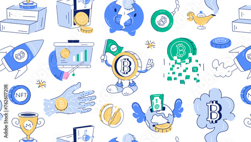 A doodle showcasing various elements of crypto investment and blockchain trends 