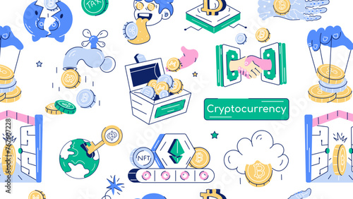 A doodle showcasing various elements of crypto investment and blockchain trends 