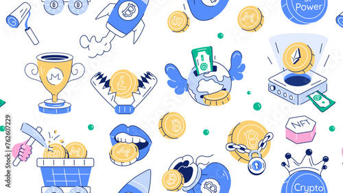 A doodle showcasing various elements of crypto investment and blockchain trends 