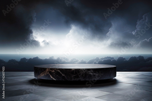 Black marble podium on the background of the sky with clouds. Generative Ai
