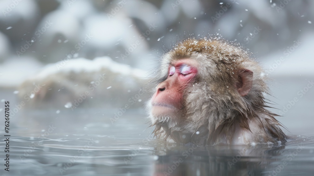 A Japanese Macaque, also known as a snow monkey, is swimming in a pool of water. The monkey is gracefully moving through the water, showcasing its swimming abilities.
