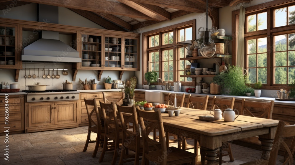Generative AI Detailed photorealism capturing a cozy farmhouse kitchen with rustic wooden cabinets and a large family dining table. photorealistic