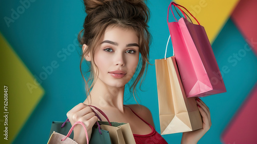 pretty young woman with shopping bags on abstract colored background, pretty woman portrait on background