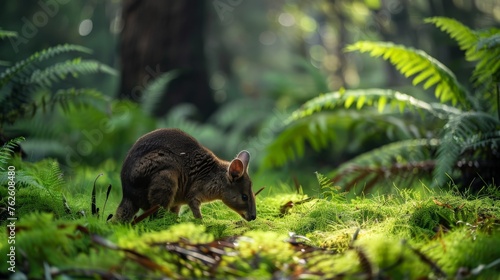 A Tasmanian Pademelon, a small marsupial, is seen walking through a dense, vibrant green forest. The animal moves cautiously, blending with the foliage as it navigates the forest floor. photo
