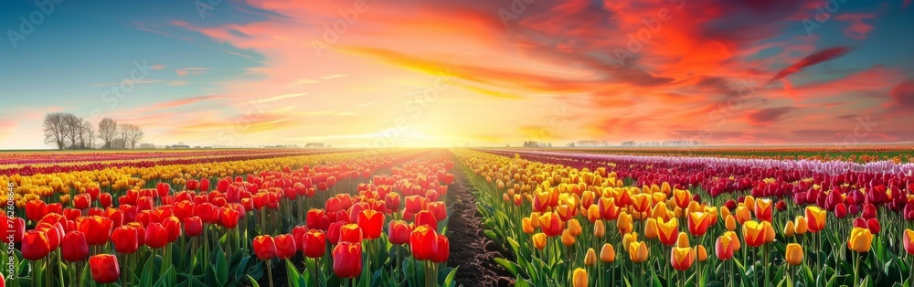A field of colorful flowers is illuminated by the setting sun in the background. The sky is tinged with shades of orange, pink, and purple, creating a warm and serene atmosphere.