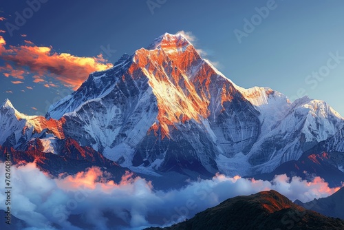 Snow-capped mountain bathed in golden sunlight, with a serene dawn sky.