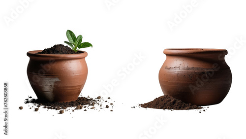 clay pot full of soil isolated on transparent