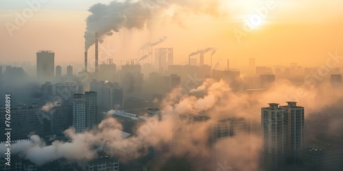 A city skyline enveloped in toxic smog from industrial factories. Concept Pollution, Industrialization, Climate Change, Environmental Degradation, Urban Development © Ян Заболотний