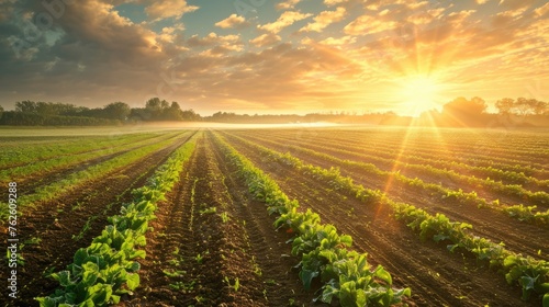 An early morning farmer s field  dew on crops  sunrise casting a golden glow  tranquil and fertile landscape. Resplendent.