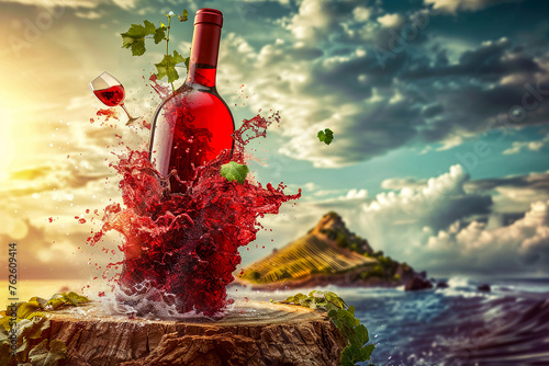 Expressive caricature figures engage in a wine tasting on a wooden table floating on a giant wine bottle in a sea of red wine with a blurred vineyard island in the background photo