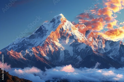 Snow-capped mountain bathed in golden sunlight, with a serene dawn sky.