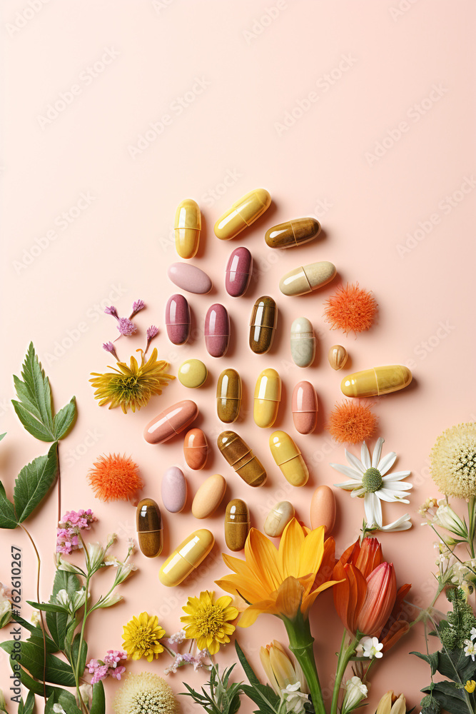 herbal pills on pastel background сreated with Generative Ai
