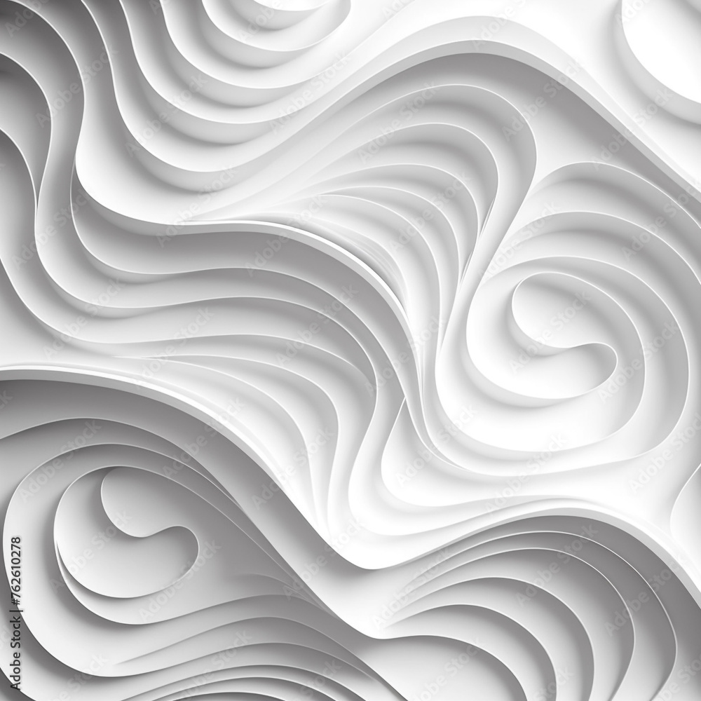 Obraz premium An abstract white background with 3D waves, soft edges and curves that highlight the play of light on smooth surfaces. The composition is balanced, demonstrating the elegance of lines and the beauty o