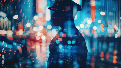 A silhouette of a man wearing a hat walking in a city at night. The urban landscape is visible in the background, with bright city lights illuminating the scene. © vadosloginov