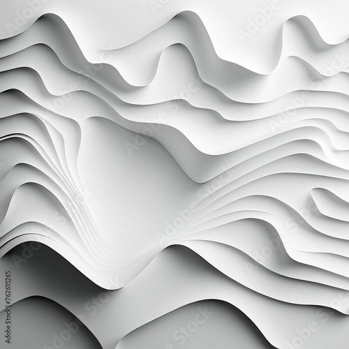 An abstract white background with 3D waves, soft edges and curves that highlight the play of light on smooth surfaces. The composition is balanced, demonstrating the elegance of lines and the beauty o