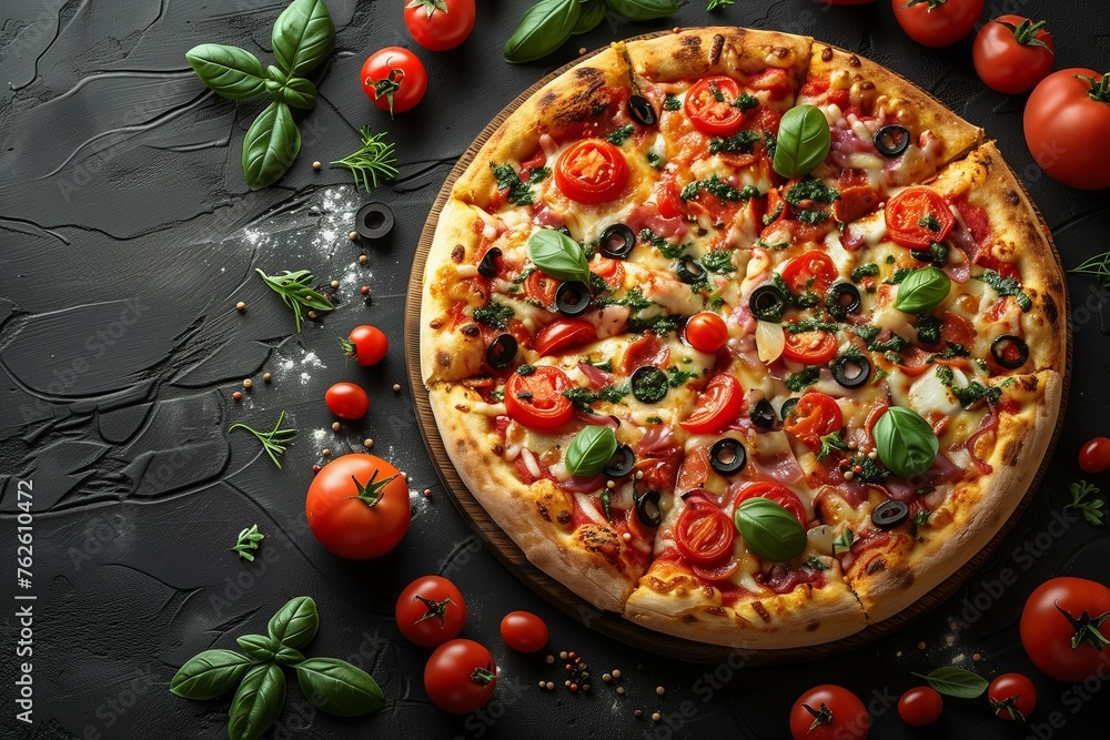 Sliced pizza with tomatoes, cheese, bacon and olives on a dark background.