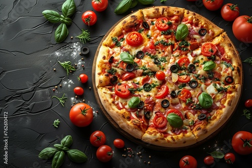 Sliced pizza with tomatoes, cheese, bacon and olives on a dark background.