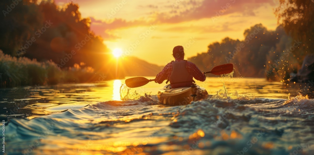 kayak canoe floats down the river at sunset - obrazy, fototapety, plakaty 