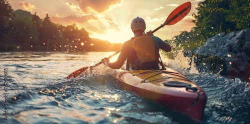 kayak canoe floats down the river at sunset photo