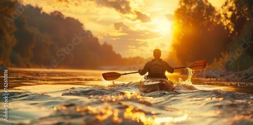 kayak canoe floats down the river at sunset photo