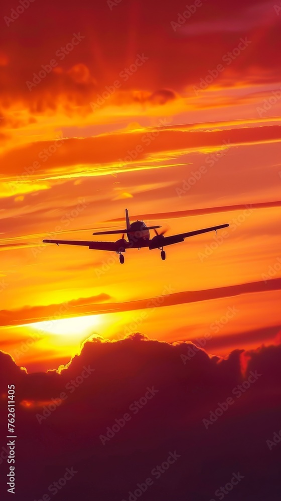 A motor plane silhouette flying in the sky during the colorful sunset, with the golden sun setting behind it, creating a mesmerizing scene. A motor plane silhouette flying in the sky during the colorful sunset, with the golden sun setting behind it, creating a mesmerizing scene.