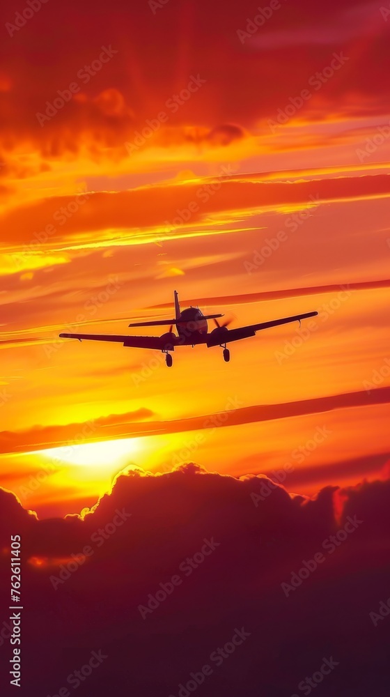 A motor plane silhouette flying in the sky during the colorful sunset, with the golden sun setting behind it, creating a mesmerizing scene.