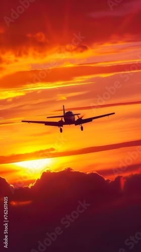 A motor plane silhouette flying in the sky during the colorful sunset, with the golden sun setting behind it, creating a mesmerizing scene.